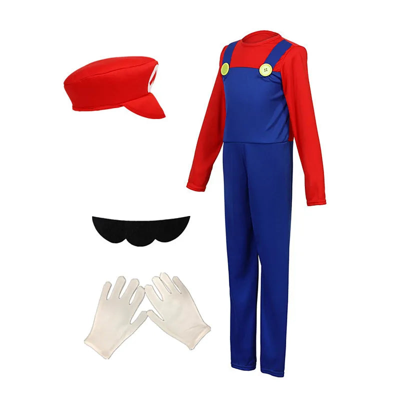 Game costume with red hat, gloves, overalls, and buttons