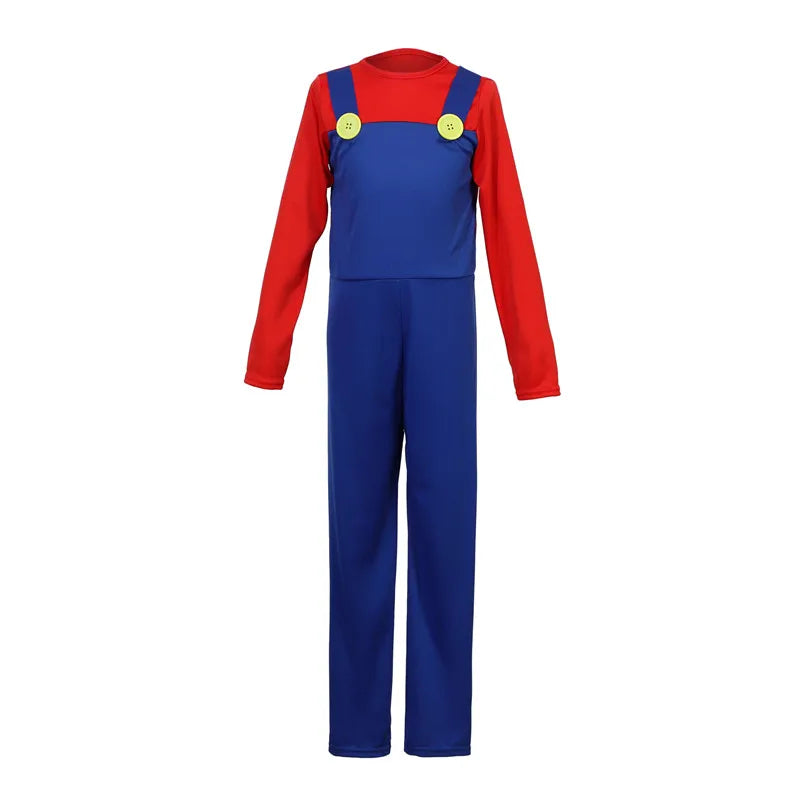 Game costume front view with red long sleeves and blue overalls