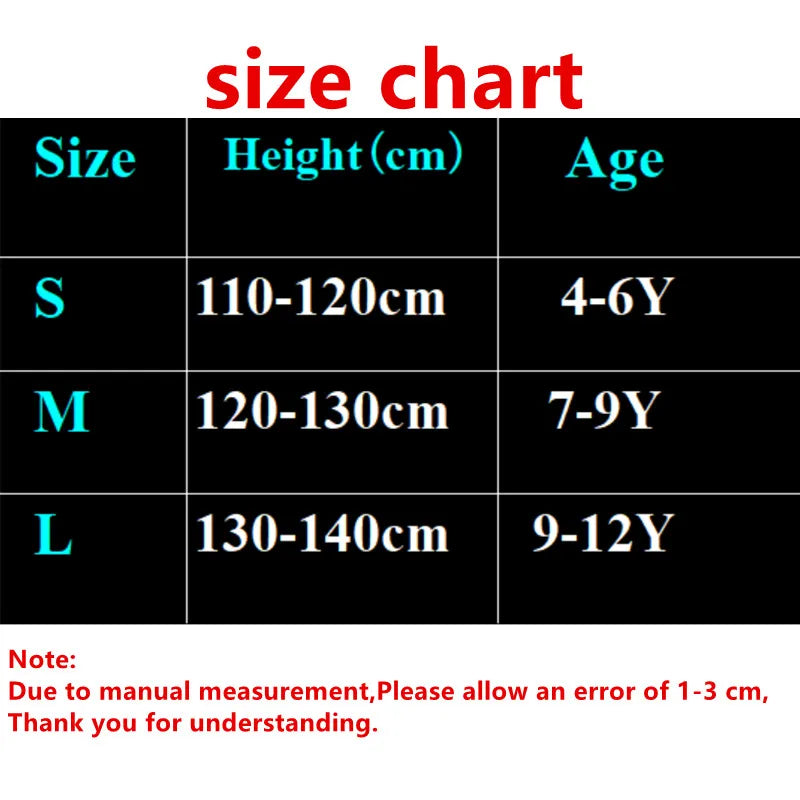 Game costume size chart with measurements, age ranges, and height ranges