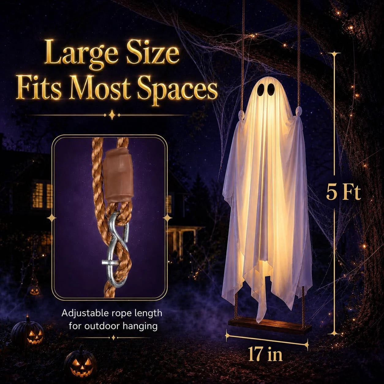 Clearance Early Halloween Decorations Outdoor - 5 FT Large Hanging Swing Ghost Halloween Decor, Spooky Cute Ghosts Decorations for Front Porch Yard Tree(Without Remote Control)