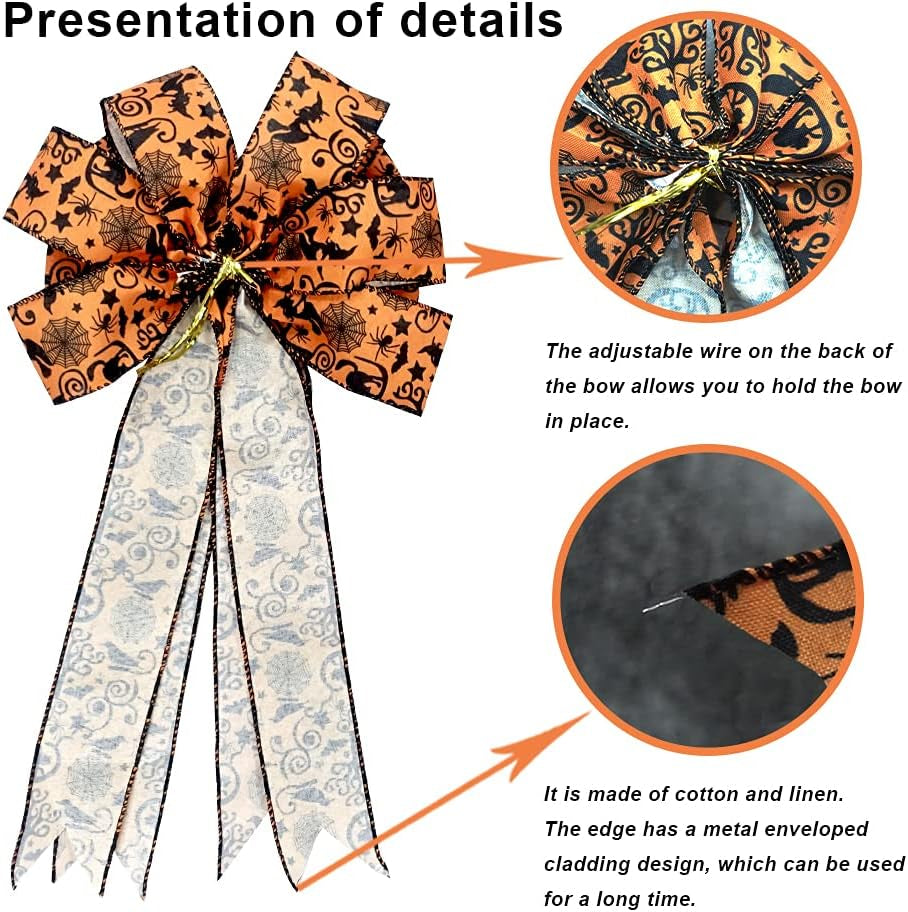 Large Halloween Bows for Wreath, Halloween Wreath Bow Black Orange Burlap Ribbons Spooky Spider Bats Tree Topper Bows for Front Door Indoor Outdoor Decorations Supplies