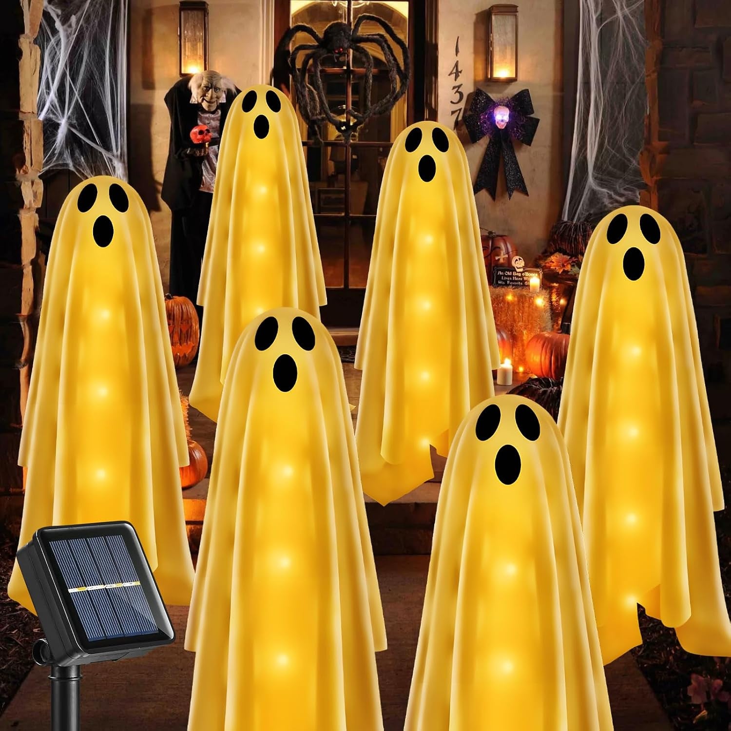 6PACKS Halloween Decorations Outdoor Solar Ghost Lights,Scary Ghost Decor with Spooky Party Gifts,Solar Halloween Path Lights for Front Porch/Yard/Garden/Home/Ghost Party Decor Warm White