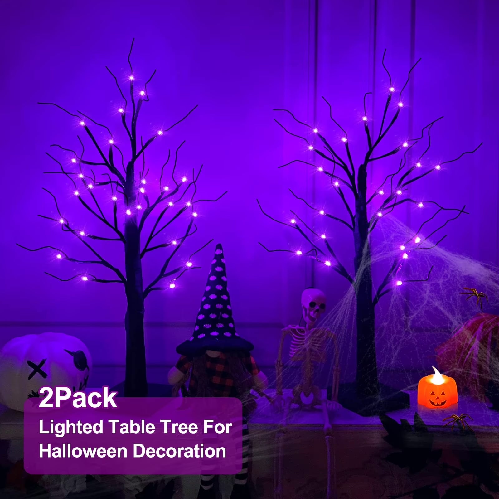TETOU 1Pc-24Inch Halloween Birch Tree Decorations with Timer,Total 24 LED Battery Operated Tabletop Artificial Black Spooky Tree Hallowe'En Decorations for Indoor Home Holiday Party-Purple