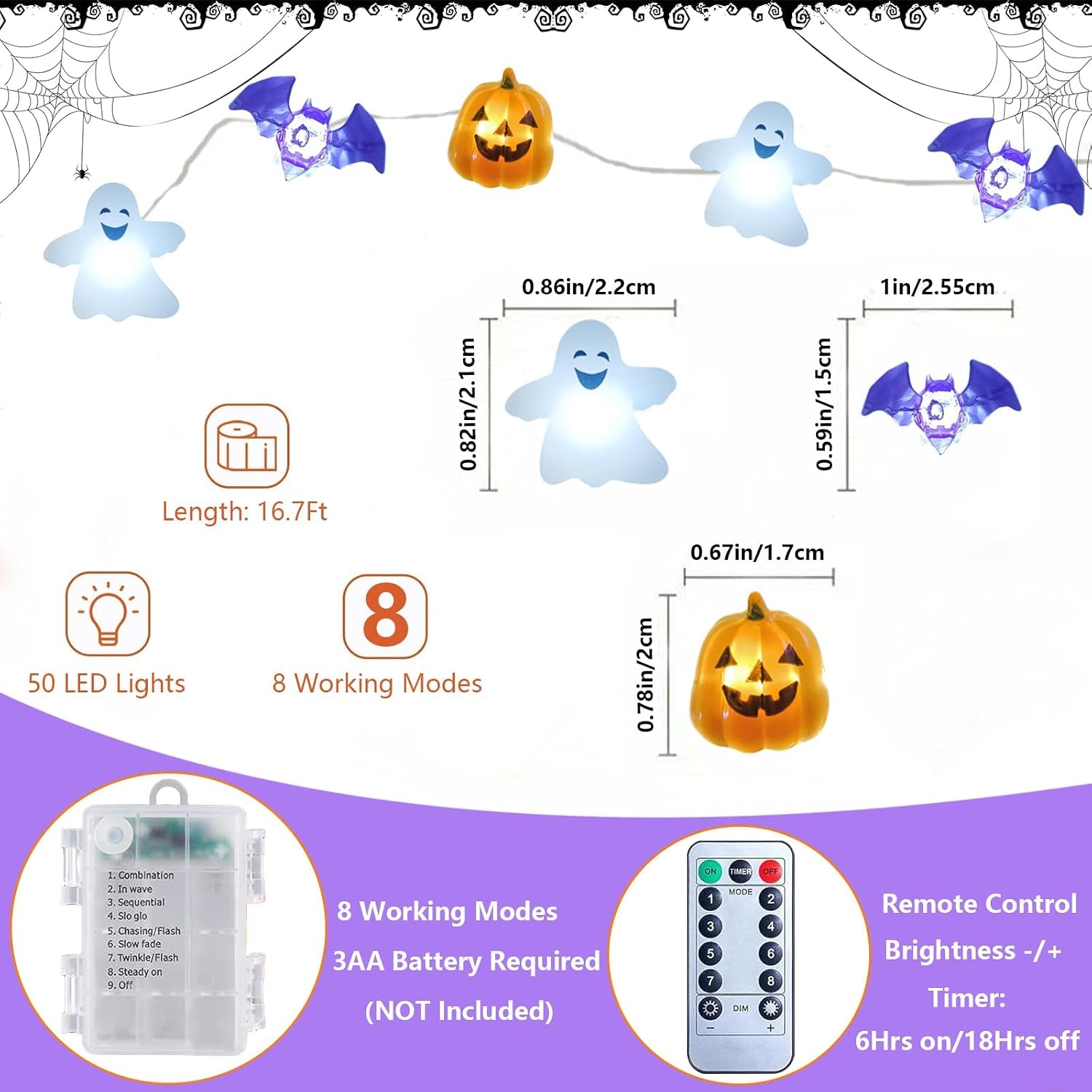 Halloween Lights Battery Operated 16.7Ft 50 LED 3D Pumpkin Bat Ghost Fairy Lights with Timer, Outdoor Waterproof Halloween Spooky Light for Indoor Outdoor Home Fireplace Party Decoration