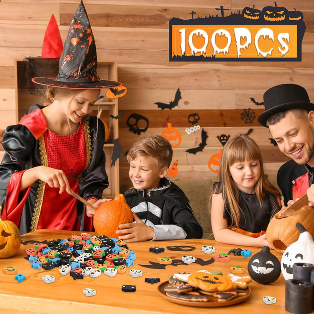 100Pcs Halloween Erasers Pumpkin Bat Ghost Skull Cat Pencil Erasers Bulk for Classroom Gift Rewards Student Prizes Halloweens Party Favor (Halloween)