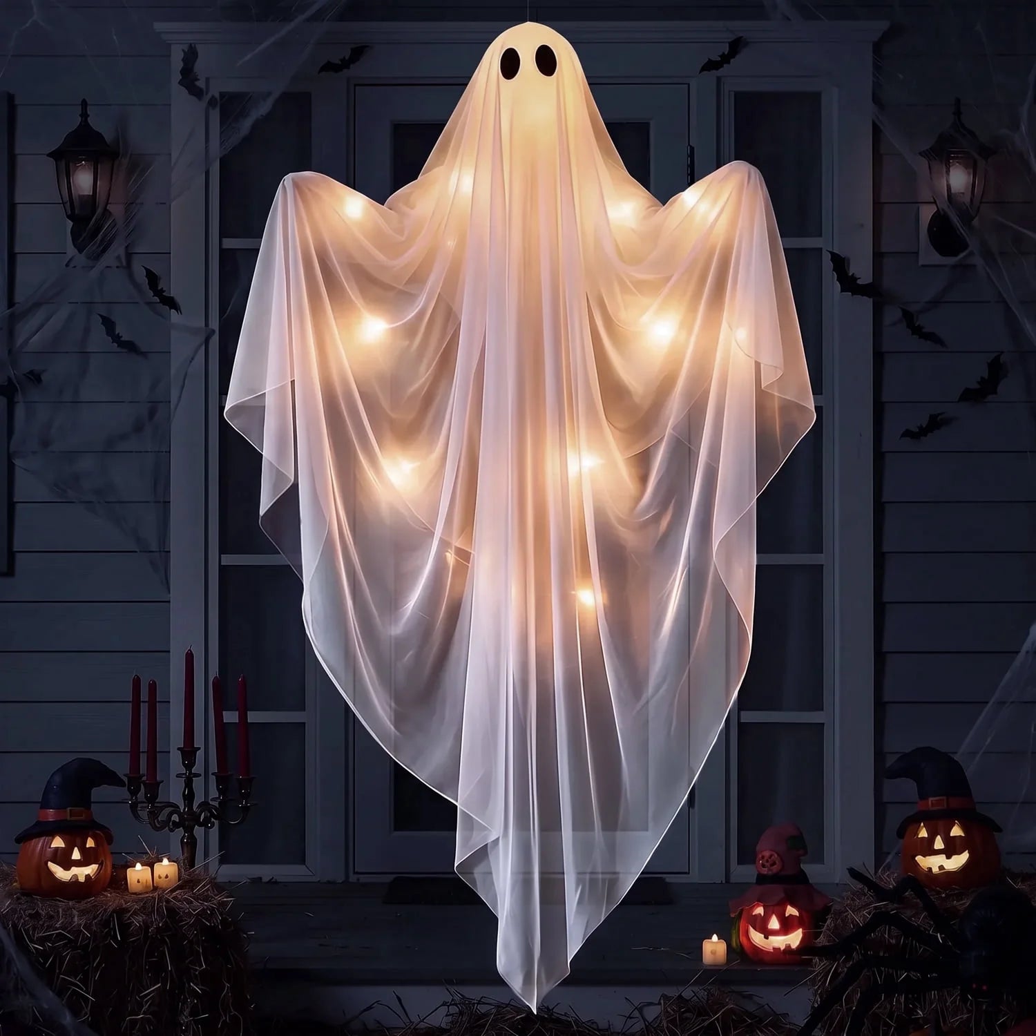 Ayieyill Halloween Ghost Decor with Blue LED Light, 47” Light up Hanging Ghost Halloween Yard Porch Decorations Outdoor