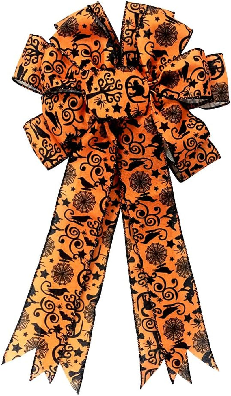 Large Halloween Bows for Wreath, Halloween Wreath Bow Black Orange Burlap Ribbons Spooky Spider Bats Tree Topper Bows for Front Door Indoor Outdoor Decorations Supplies