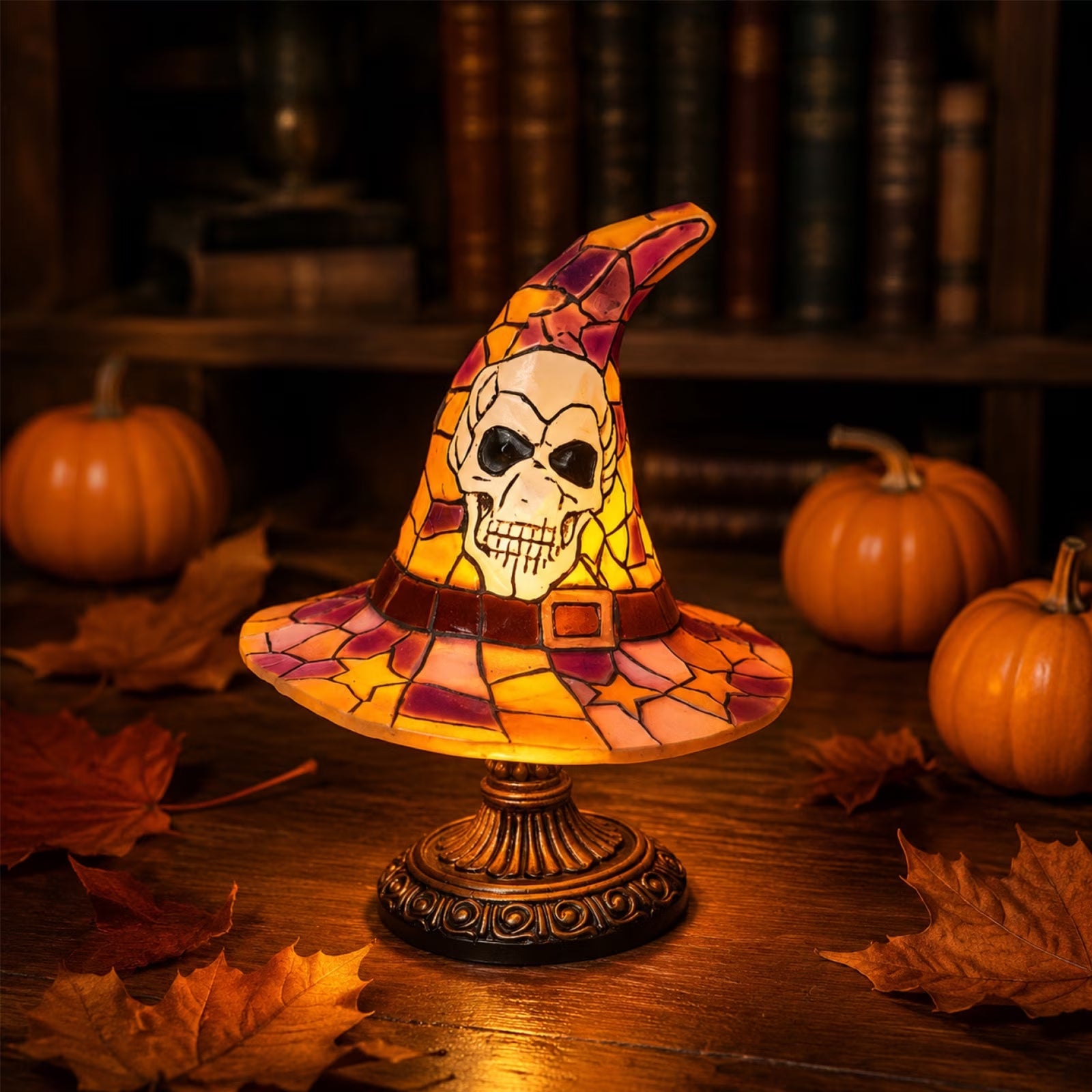 Halloween Witch Hat Table Lamp, Stained Glass Style Jack O Lantern Night Light Ghost Decor Skull Nightlight for Indoor Home Office Table Mantel Shelf Party Supply