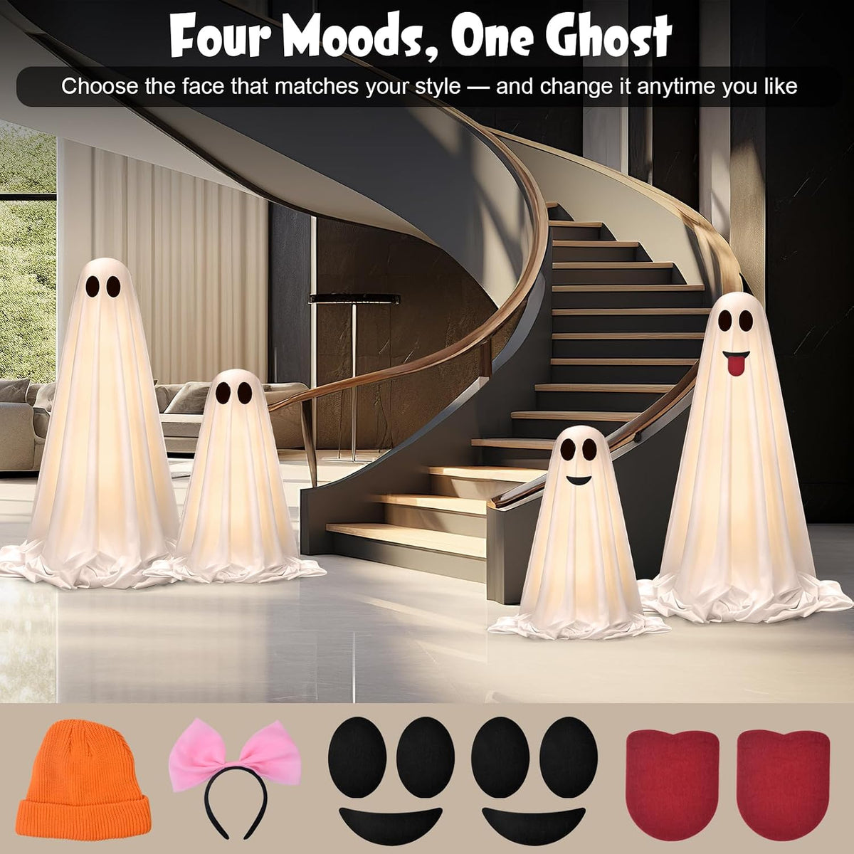 Halloween Decorations Outdoor Indoor, 2 Pack Light up Cute Ghost Decoration, Spooky DIY Standing Decor Set with Small Accessories for Front Yards, Gardens, Porch, Lawn and Party