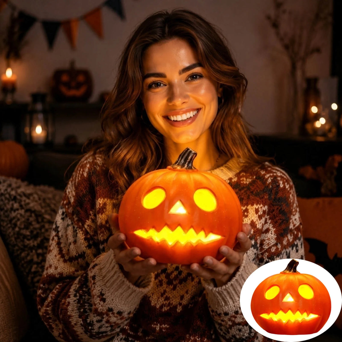 Dengmore 2026 Upgraded 8Inch Warm Light Pumpkin Lantern Scene Layout Halloween Decorations Light up Pumpkin 3D Fall Pumpkin Battery Operated Orange