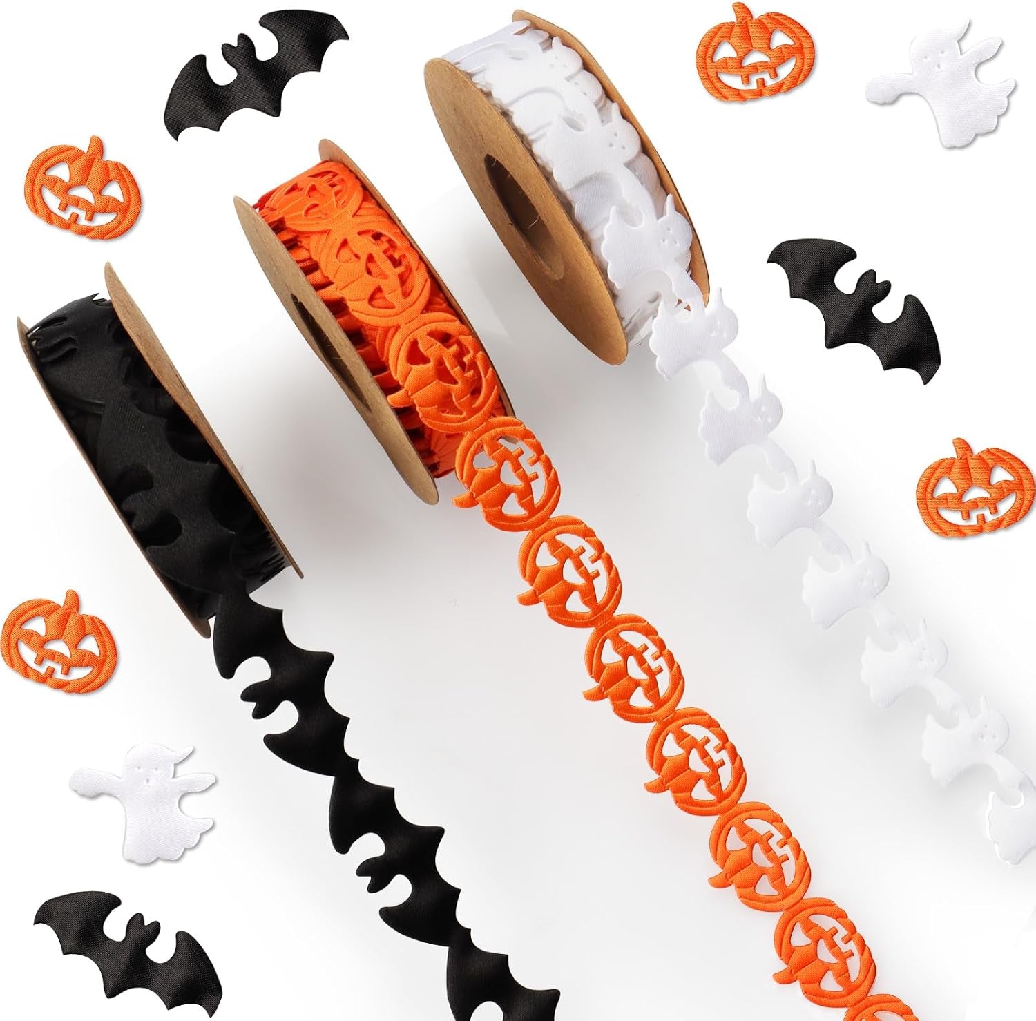 3 Rolls 15 Yards Halloween Ribbons, Black White Orange Halloween Ribbons Pumpkin Bat Ghost Shape Craft Ribbons Trim Embellishment for Gift Wrapping Halloween Party Decoration