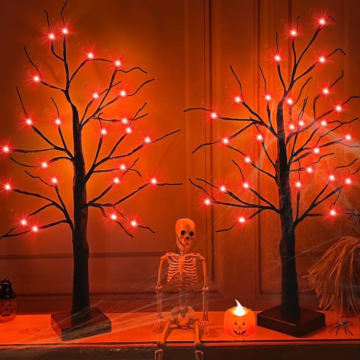 TETOU 1Pc-24Inch Halloween Birch Tree Decorations with Timer,Total 24 LED Battery Operated Tabletop Artificial Black Spooky Tree Hallowe'En Decorations for Indoor Home Holiday Party-Purple