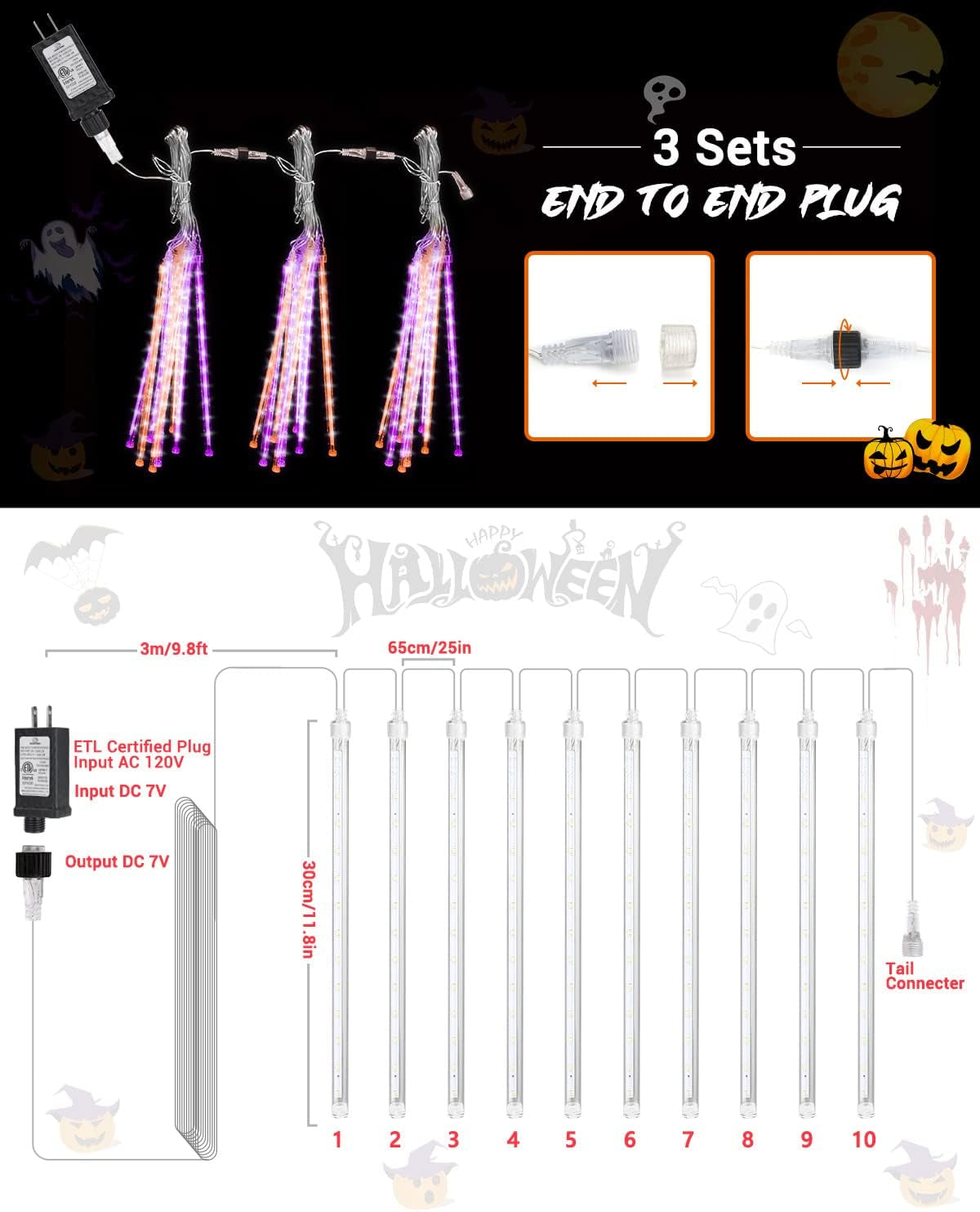 Halloween Lights 10 Tubes Orange Purple Meteor Shower Icicle Lights 240 LED