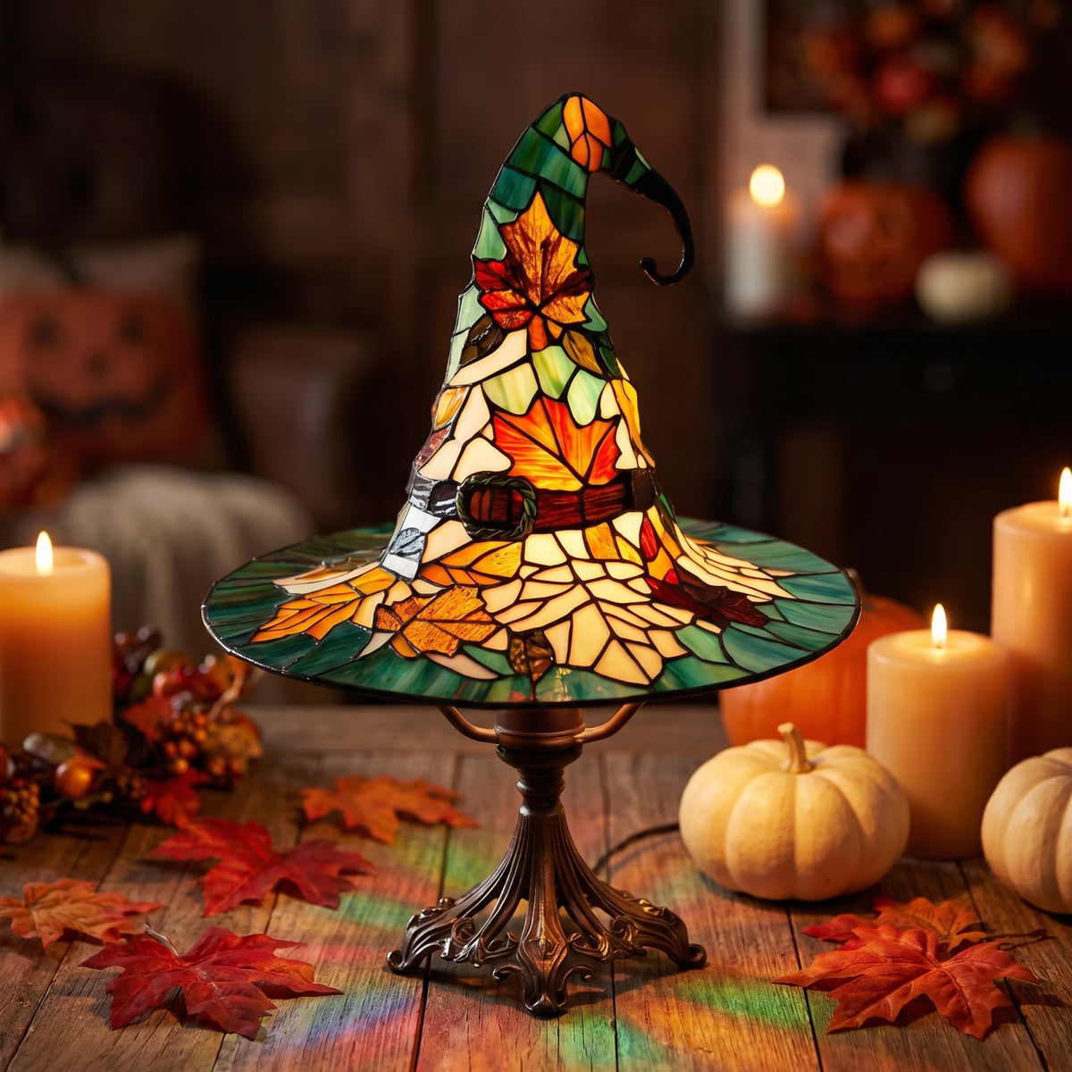 Stained Glass Witch Hat Lamp, Halloween Decoration Pink Purple Ghost Moon Small Tiffany Lamp, Gothic Indoor Halloween Table Decor Night Light - 11 Inch