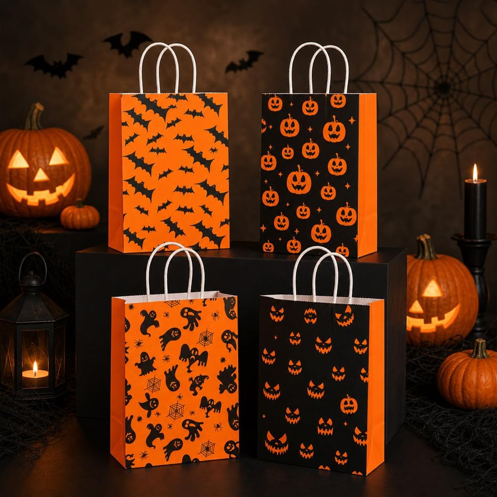 12 PCS Halloween Treat Bags with Handle for Candy Goodie Gift Snack Wrap