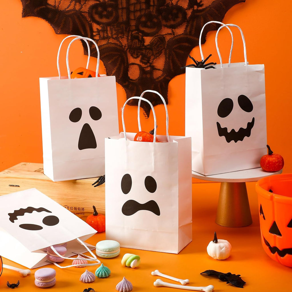 24 Pieces Ghost Halloween Treat Bags Halloween Paper Gift Goodie Bags with Handles for Candy Party Favor Supplies(White,Classic Style)