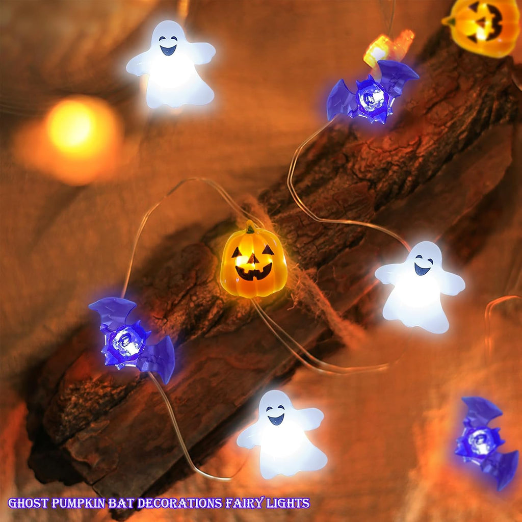 Halloween Lights Battery Operated 16.7Ft 50 LED 3D Pumpkin Bat Ghost Fairy Lights with Timer, Outdoor Waterproof Halloween Spooky Light for Indoor Outdoor Home Fireplace Party Decoration