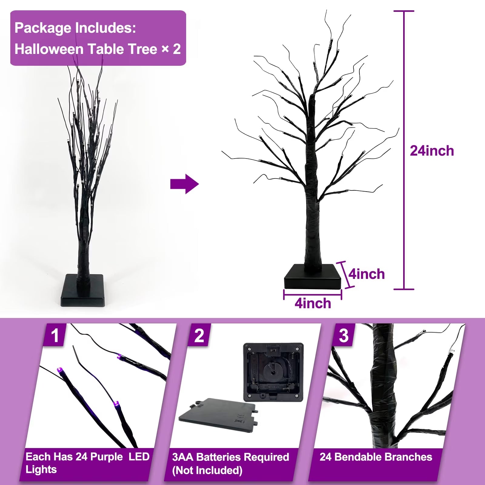 TETOU 1Pc-24Inch Halloween Birch Tree Decorations with Timer,Total 24 LED Battery Operated Tabletop Artificial Black Spooky Tree Hallowe'En Decorations for Indoor Home Holiday Party-Purple