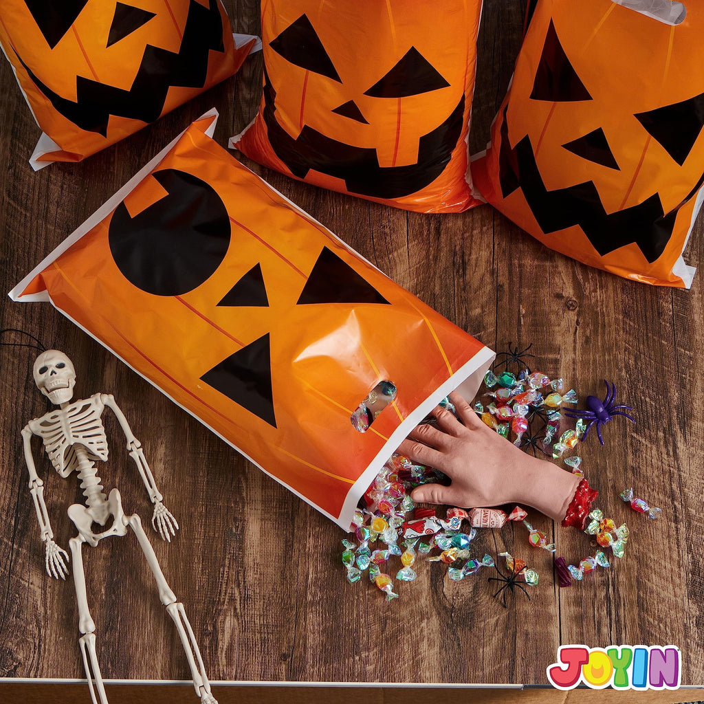Joyfy 72 Pcs Halloween Trick or Treat Bags Large Halloween Treat Bags for Kids,Halloween Plastics Pumpkins Bags Orange Treat Bags Gift Bags