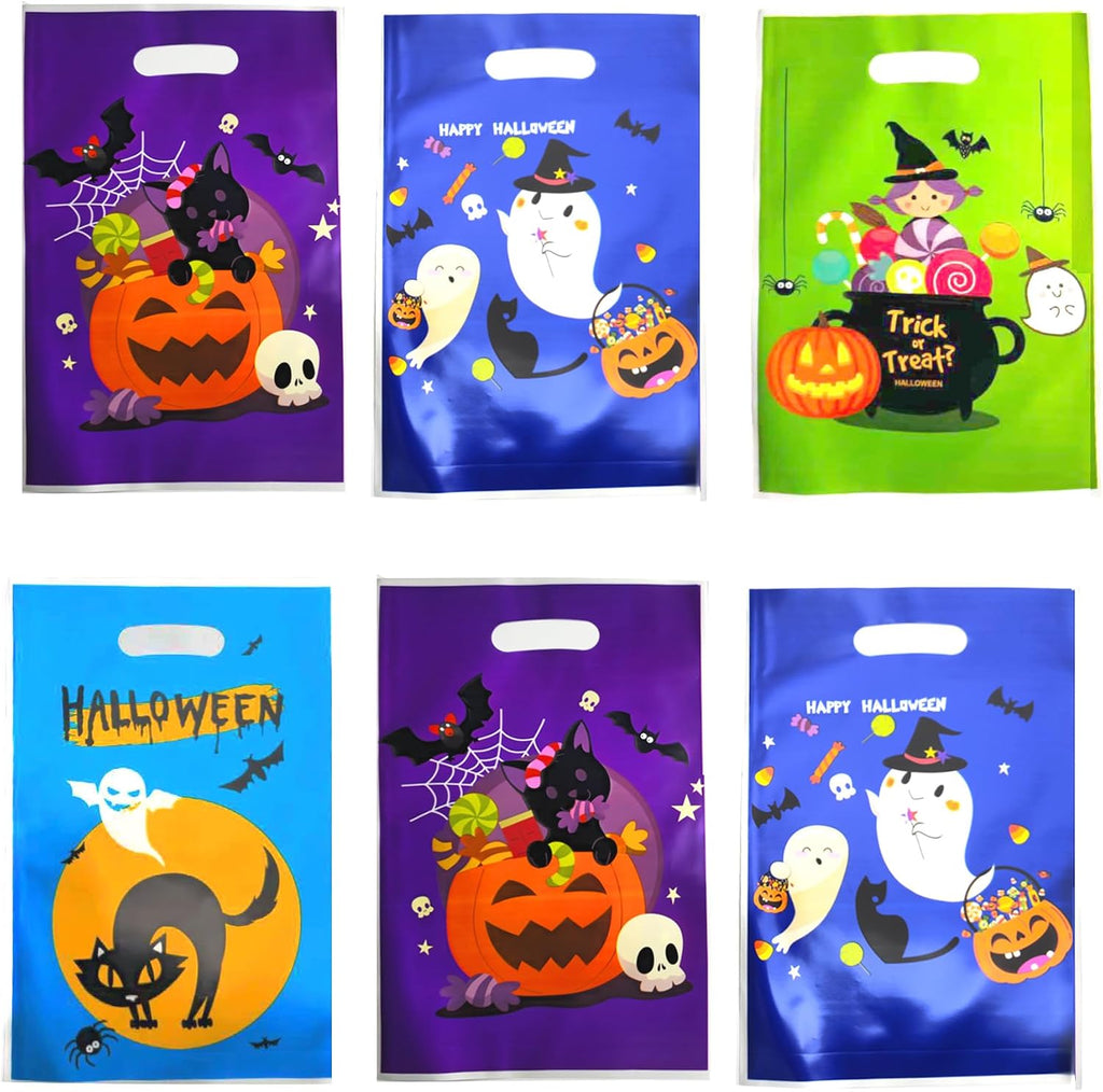 60 PCS Halloween Goodie Bags Trick or Treat Bags Plastic Candy Bag with Handle Halloween Treat Bags Bulk Snacks Cookie Gift Bag for Party Favors Supplies Gift Basket