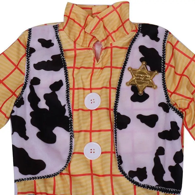 Woody cowboy costume detail view with bandana, hat, vest, and pants