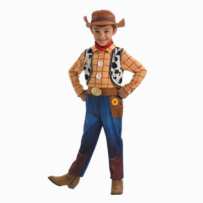 Woody cowboy costume lifestyle view with hat, vest, bandana, and toy gun