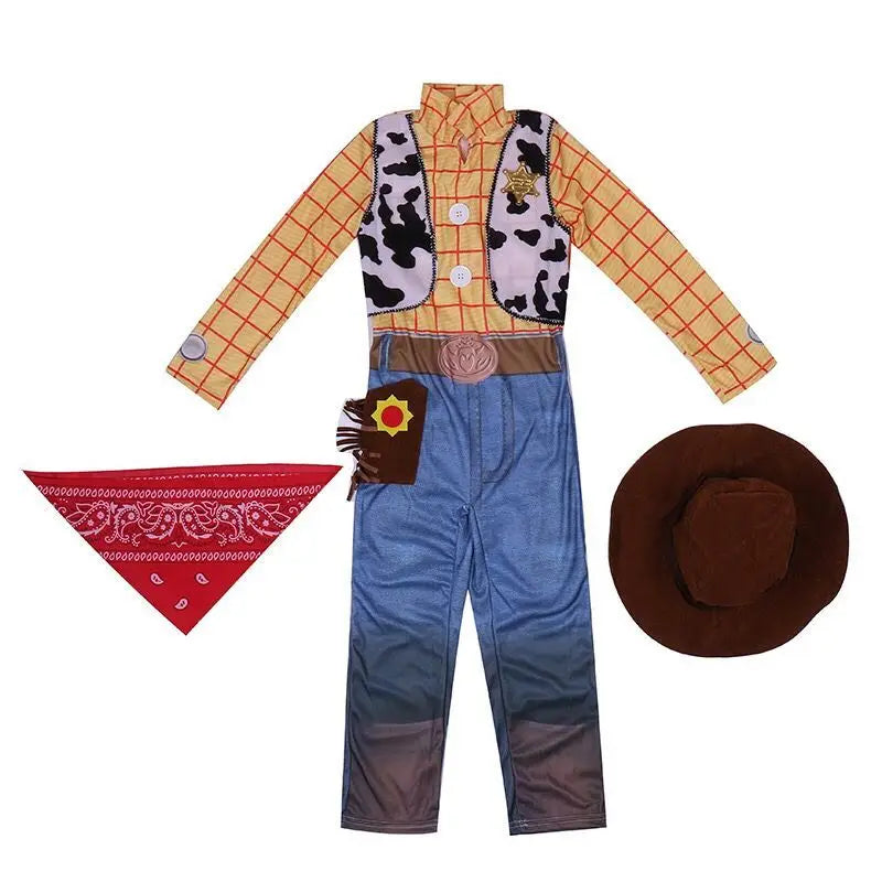 Woody cowboy costume lifestyle view with cowboy shirt, denim pants, bandana, and hat