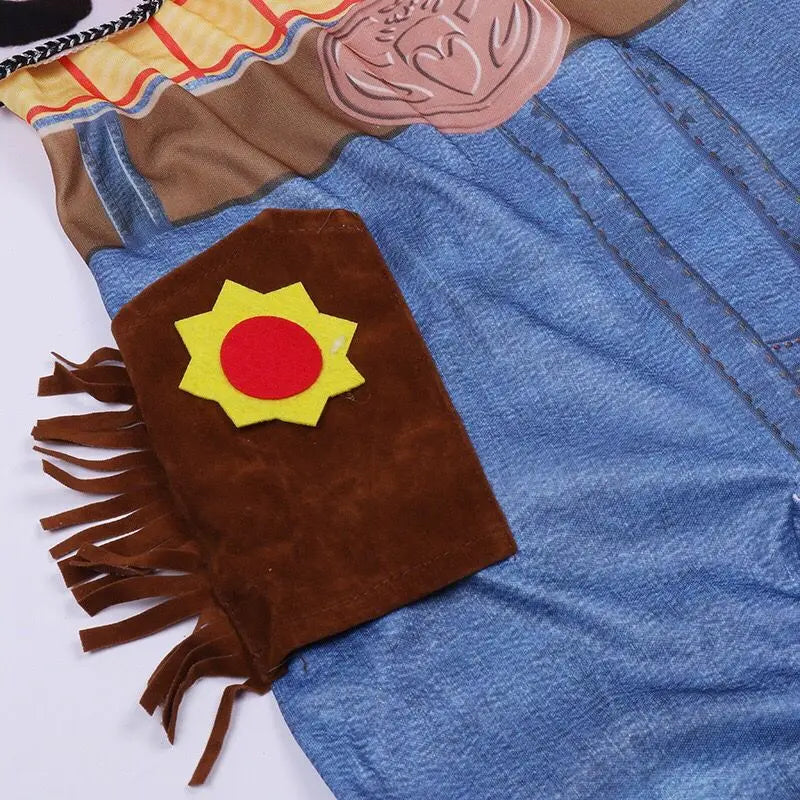 Woody cowboy costume brown wallet detail with fringe and sun emblem
