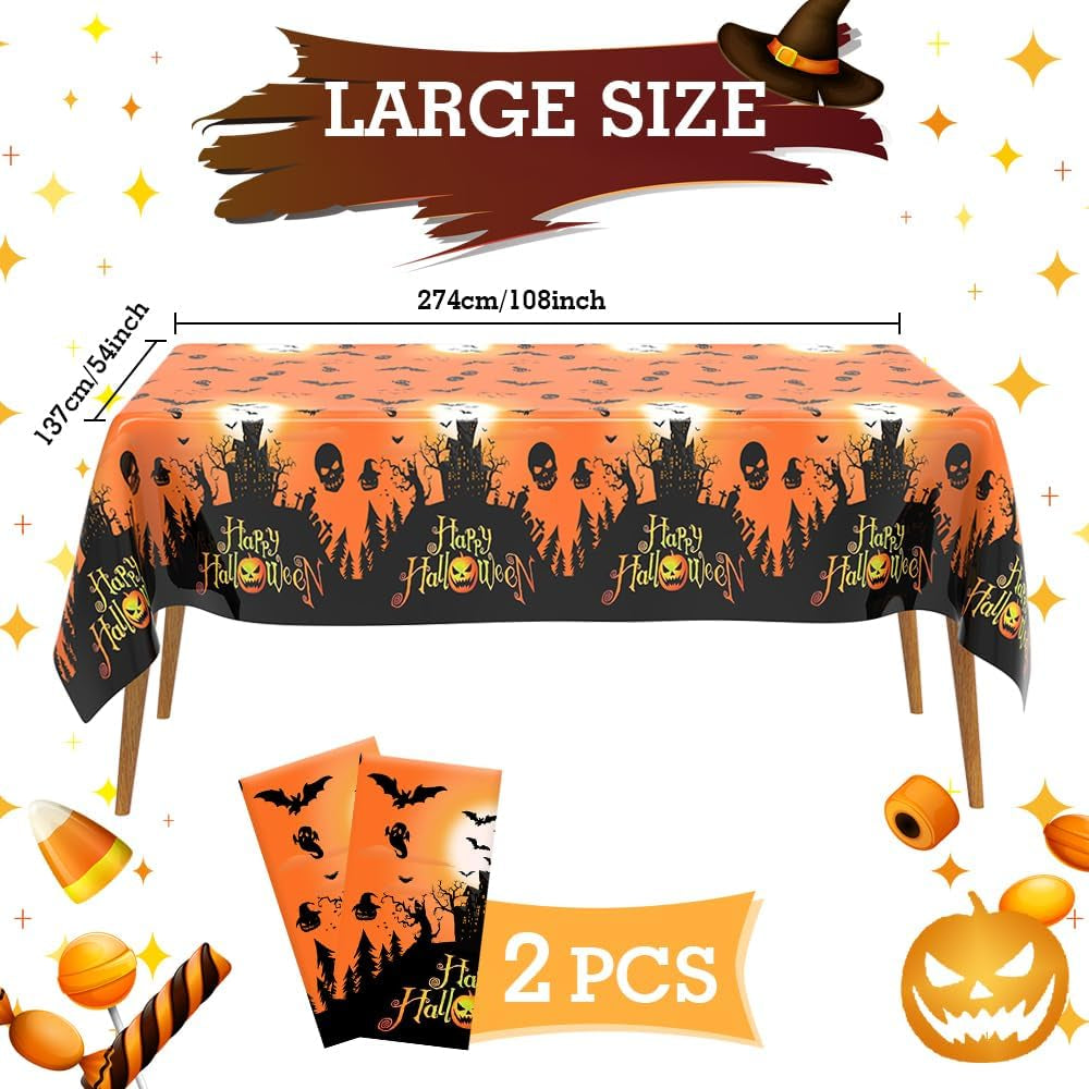 Halloween Tablecloth, Halloween Decorations, 2PCS Disposable Halloweens Plastic Tablecloth Rectangle, 108" X 54" Orange Castle Witches Table Cover Table Decor for Halloweens Party Decorations Supplies