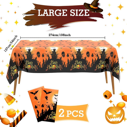 Halloween Tablecloth, Halloween Decorations, 2PCS Disposable Halloweens Plastic Tablecloth Rectangle, 108" X 54" Orange Castle Witches Table Cover Table Decor for Halloweens Party Decorations Supplies