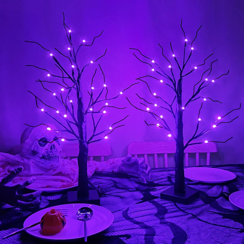 TETOU 1Pc-24Inch Halloween Birch Tree Decorations with Timer,Total 24 LED Battery Operated Tabletop Artificial Black Spooky Tree Hallowe'En Decorations for Indoor Home Holiday Party-Purple
