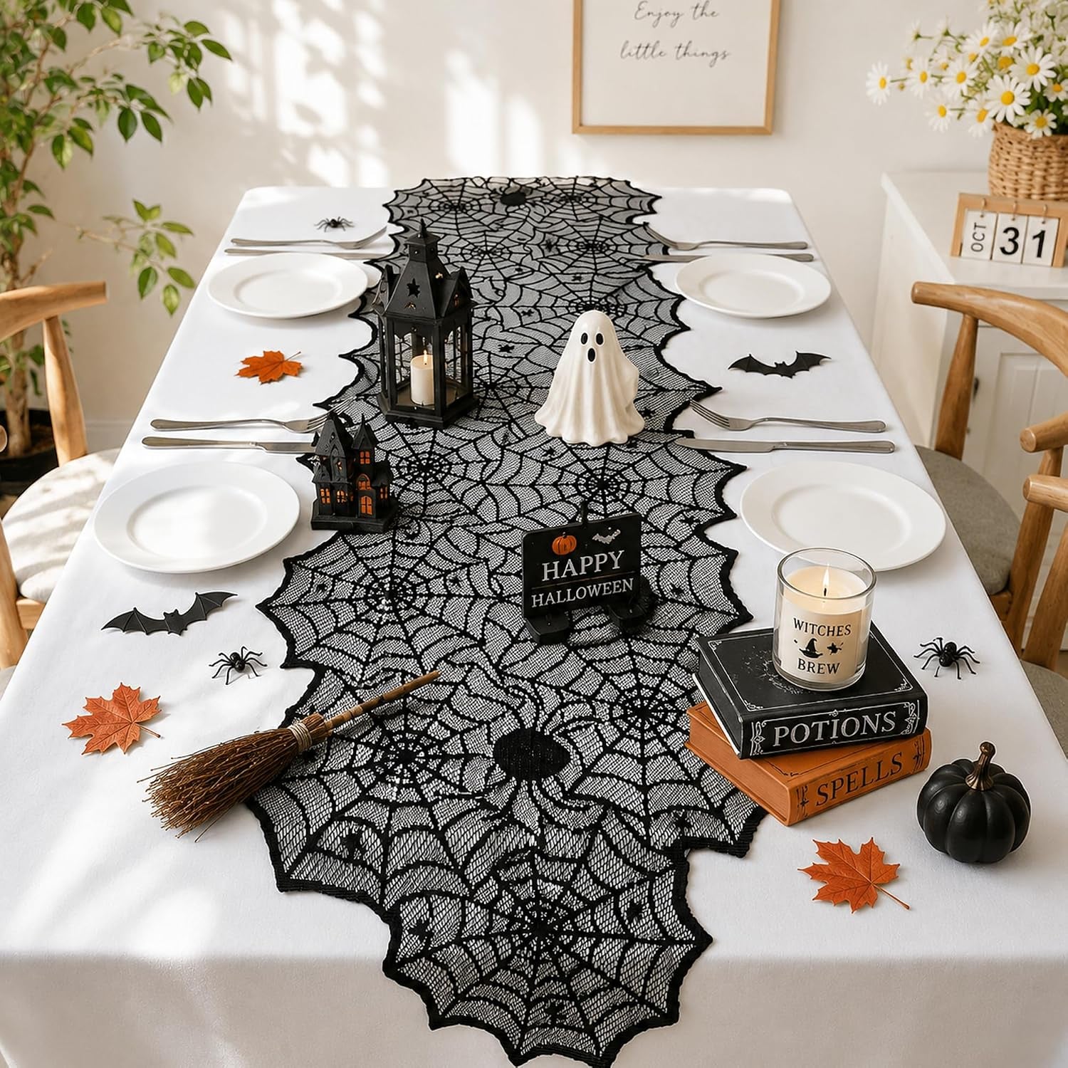 Halloween Decorations - Black Lace Spider Web Table Runner | Halloween Decor Party Favors Supplies for Indoor Outdoor - Halloween Table Centerpiece Decor for Home Office Dining Kitchen, 18 X 72 Inch