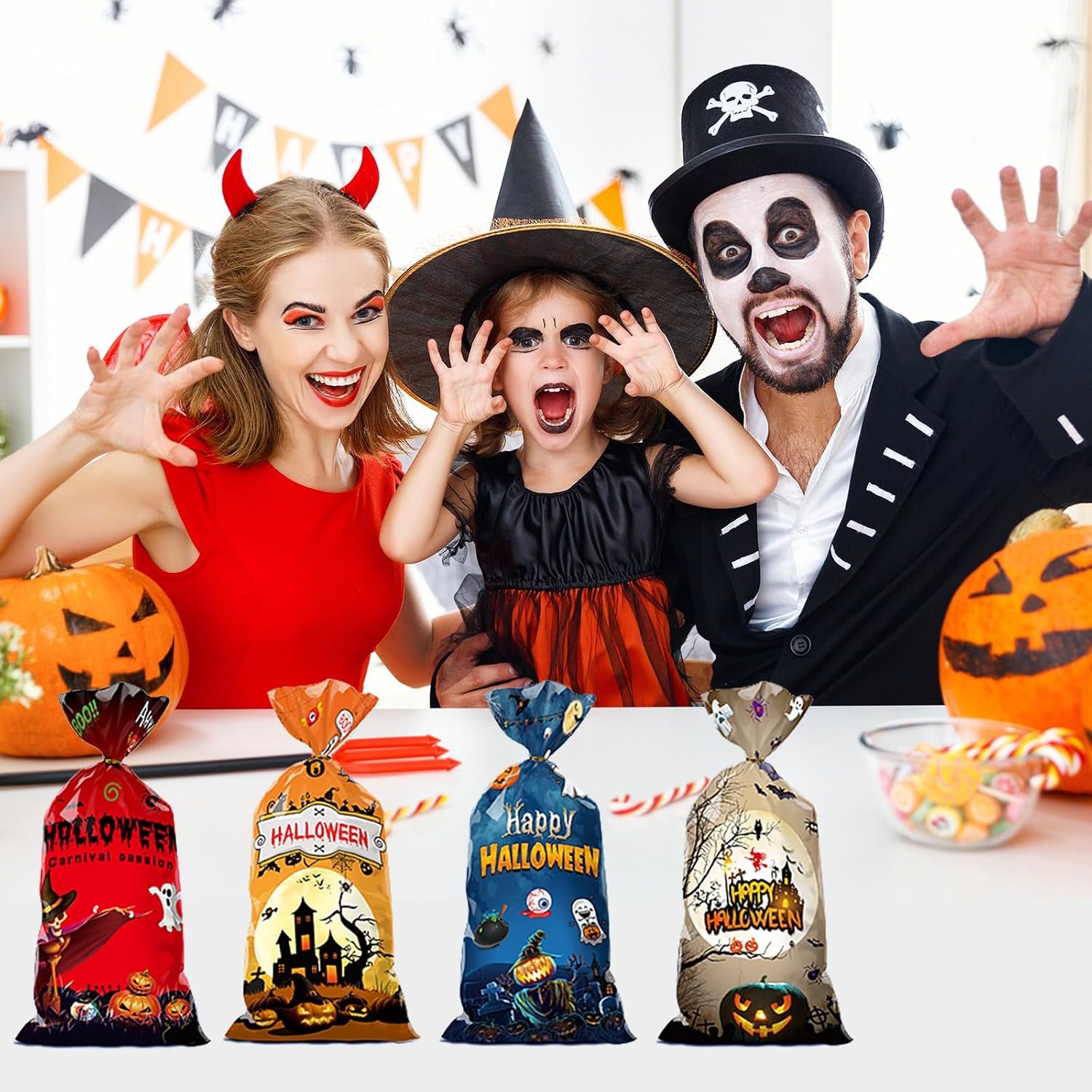 50 PCS Halloween Cellophane Treat Bags - Cookies Goodie Gift Snacks Bags with Twist Ties for Trick or Treat Party Favors