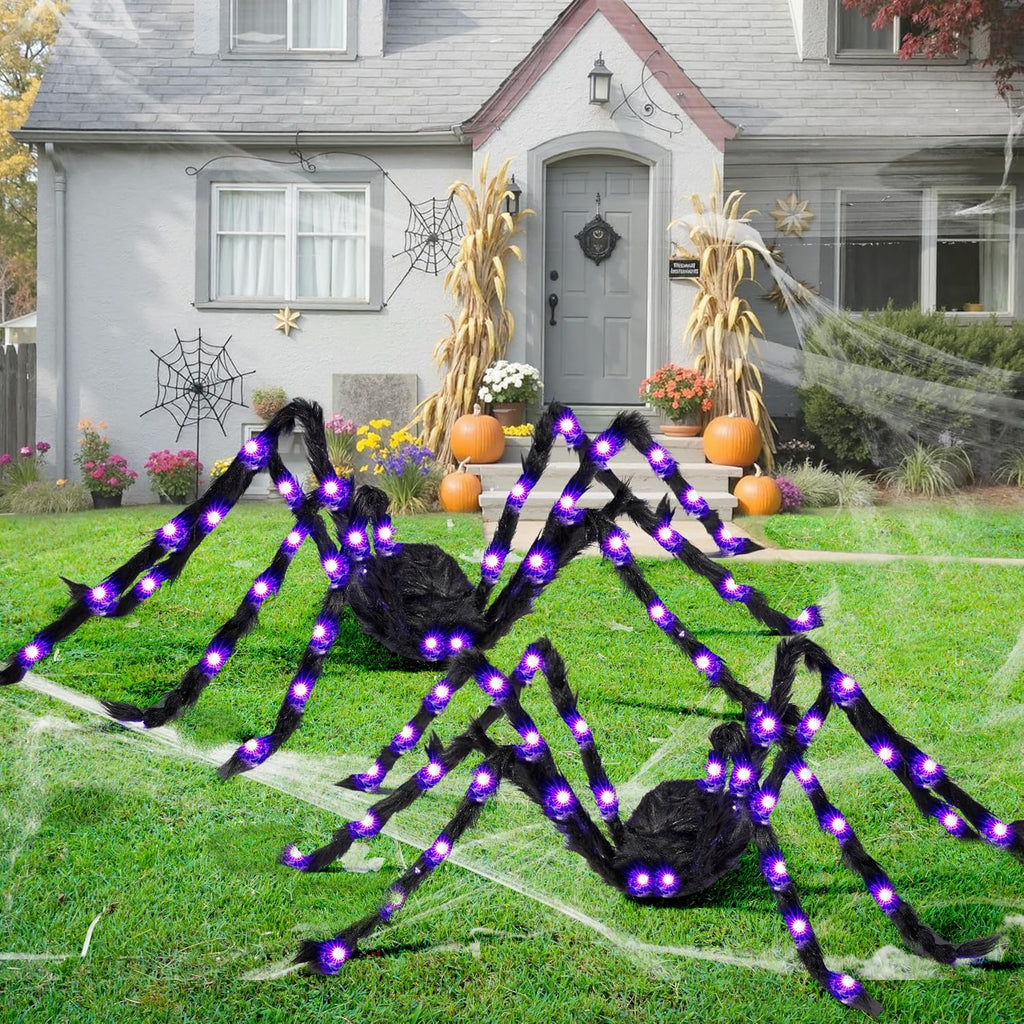 2 Pack 5 Ft Halloween Light up Spiders Outdoor Decorations, Scary Giant Spider with Purple LED, Fake Large Haunted House Props, for Halloween Lawn Porch Yard Garden Tree outside Indoor Decor