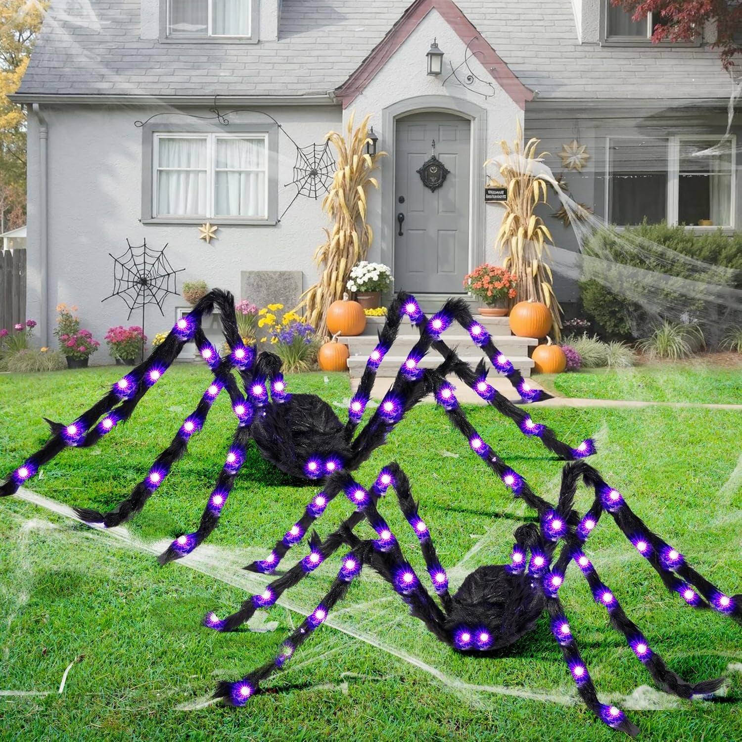 2 Pack 5 Ft Halloween Light up Spiders Outdoor Decorations, Scary Giant Spider with Purple LED, Fake Large Haunted House Props, for Halloween Lawn Porch Yard Garden Tree outside Indoor Decor