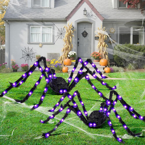 2 Pack 5 Ft Halloween Light up Spiders Outdoor Decorations, Scary Giant Spider with Purple LED, Fake Large Haunted House Props, for Halloween Lawn Porch Yard Garden Tree outside Indoor Decor