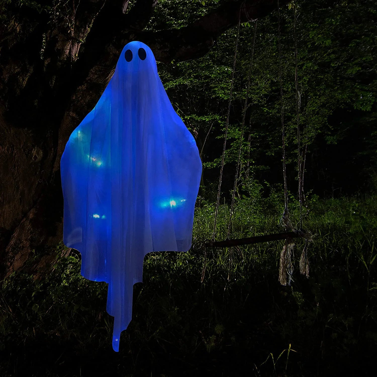 Ayieyill Halloween Ghost Decor with Blue LED Light, 47” Light up Hanging Ghost Halloween Yard Porch Decorations Outdoor