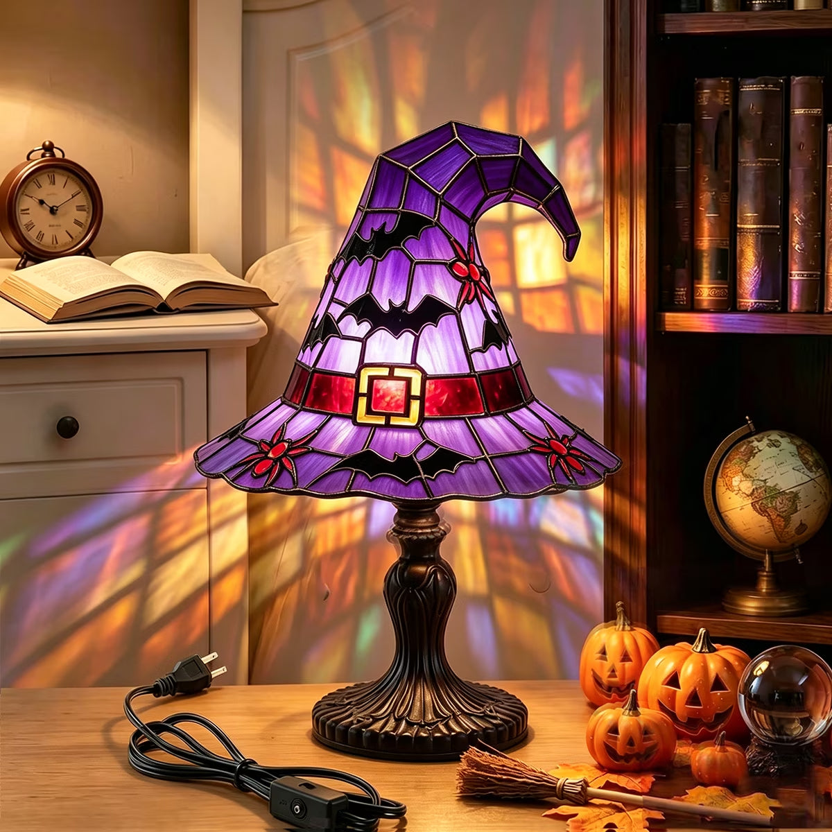 Halloween Witch Hat Table Lamp, Stained Glass Style Jack O Lantern Night Light Ghost Decor Skull Nightlight for Indoor Home Office Table Mantel Shelf Party Supply