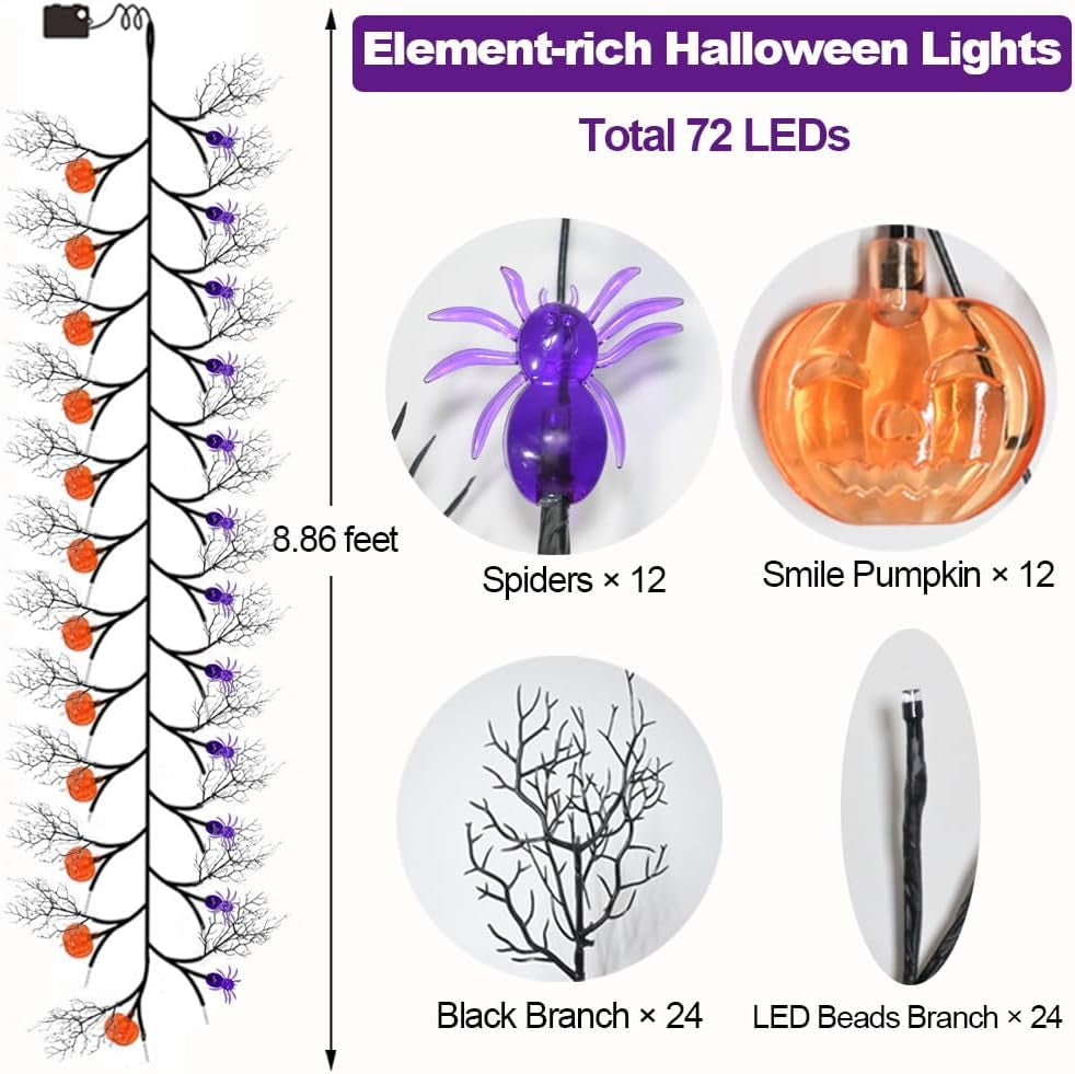 Halloween Decor Lights 8.86FT 72 LED Willow Vine Twig with Timer Battery Operated Garland Lights with Orange Pumpkins Purple Spiders and Black Dead Branches Indoor Halloween Decorations for Home