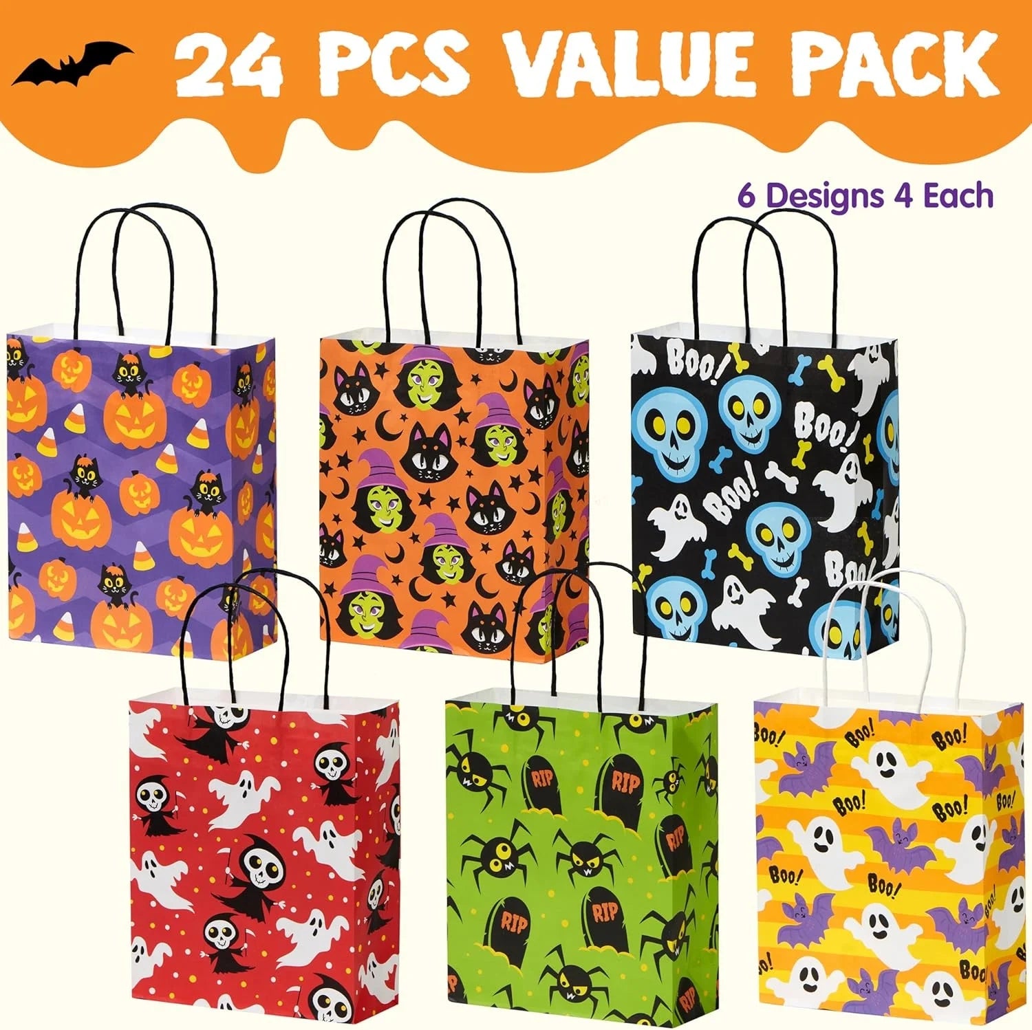 Joyfy 24 Pcs Halloween Goodie Bags with Handles, Paper Trick or Treating Gift Bag Bulk in 6 Designs for Halloween Treat Party Favor , Halloween Colored Candy Bags for Party Supplies