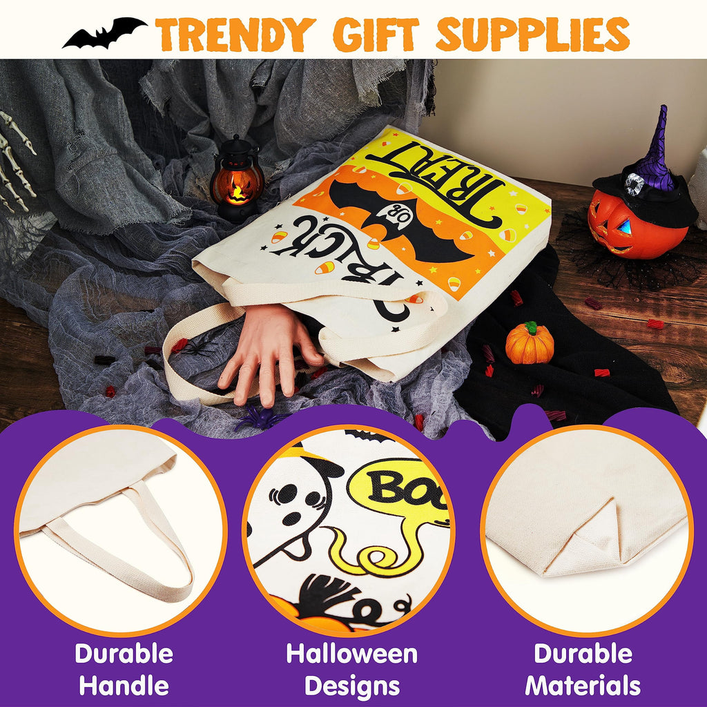 Joyfy 3 Pcs 13.75" Halloween Trick or Treat Bags with Handles, Reusable Canvas Gift Bag for Party Favor Supplies,Halloween Bags for Kids
