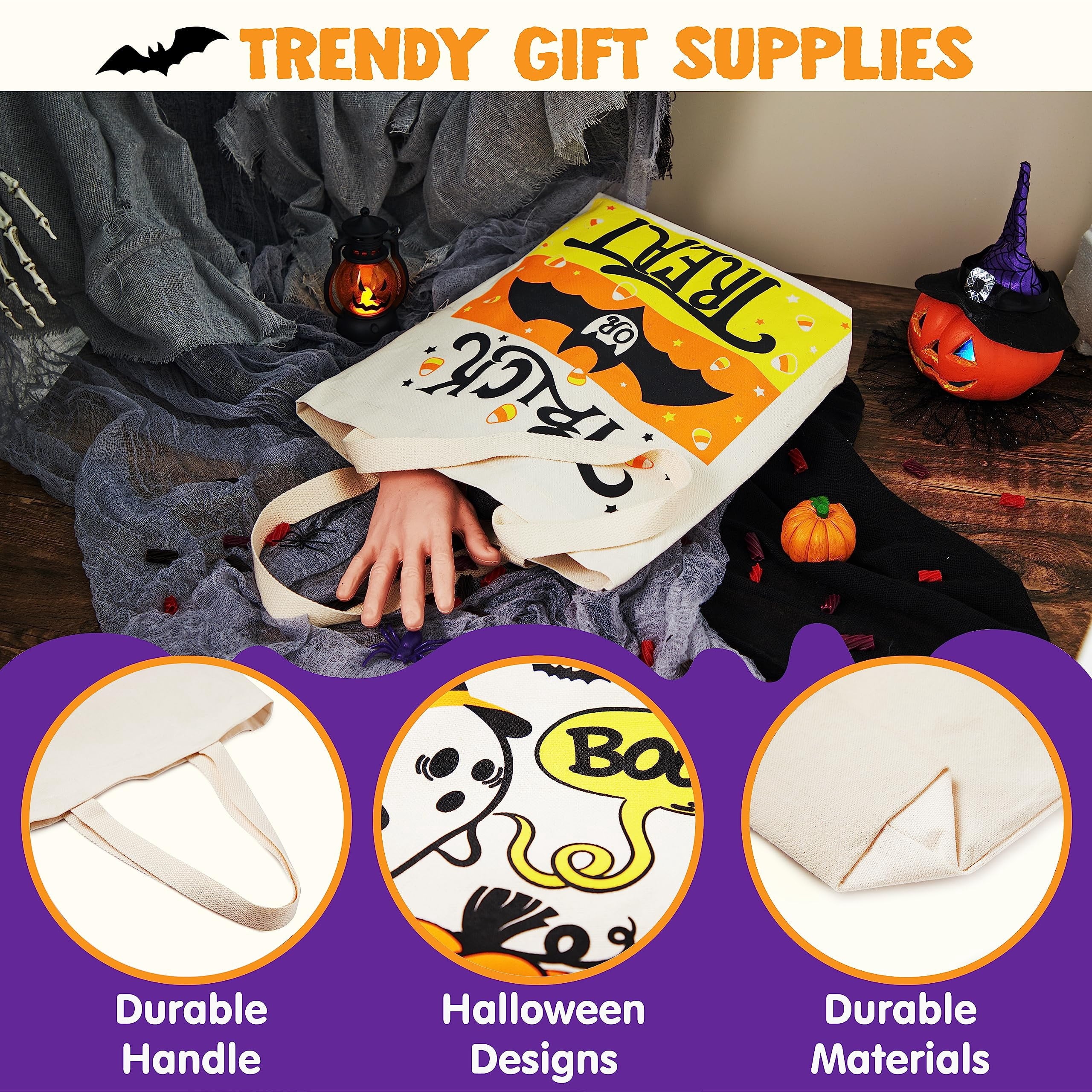Joyfy 3 Pcs 13.75" Halloween Trick or Treat Bags with Handles, Reusable Canvas Gift Bag for Party Favor Supplies,Halloween Bags for Kids
