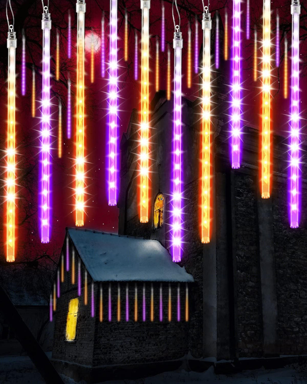 Halloween Lights 10 Tubes Orange Purple Meteor Shower Icicle Lights 240 LED
