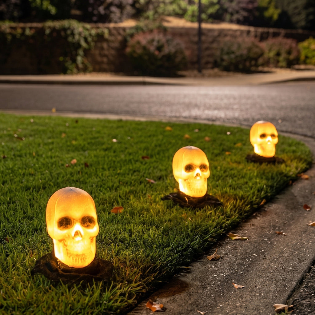 Joyfy 3 Pack Halloween Light up Skeleton Decorations Outdoor,Halloween Graveyard Spooky Skull Stakes Pathway Lights for Halloween Props Yard Decor