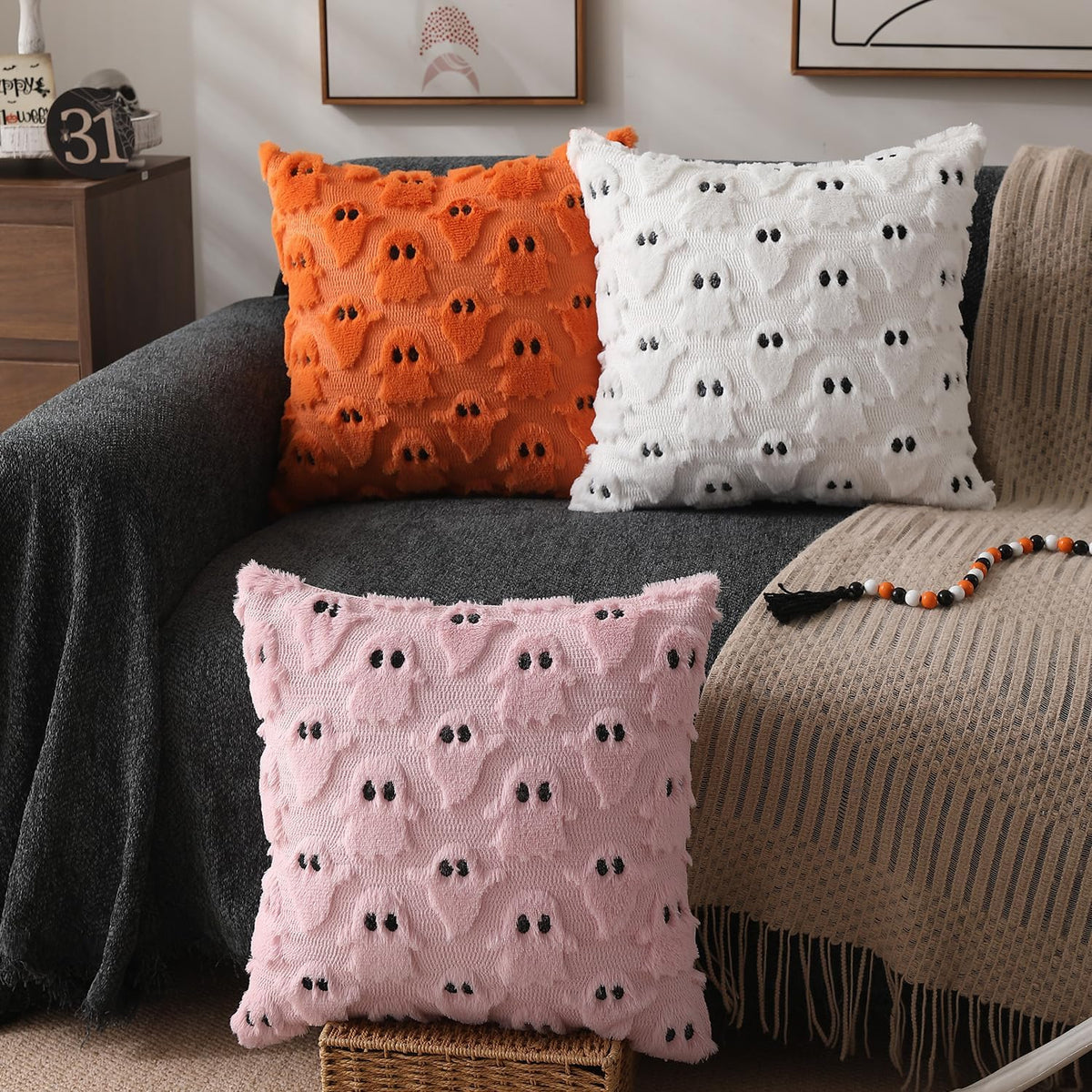 Halloween Pillow Covers 18X18 Inch 2Pcs Orange Ghost Halloween Decor