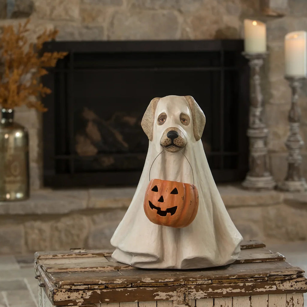 Bethany Lowe 19.5" Large Ghost Dog Candy Bowl Paper Mache Halloween Decoration Statue