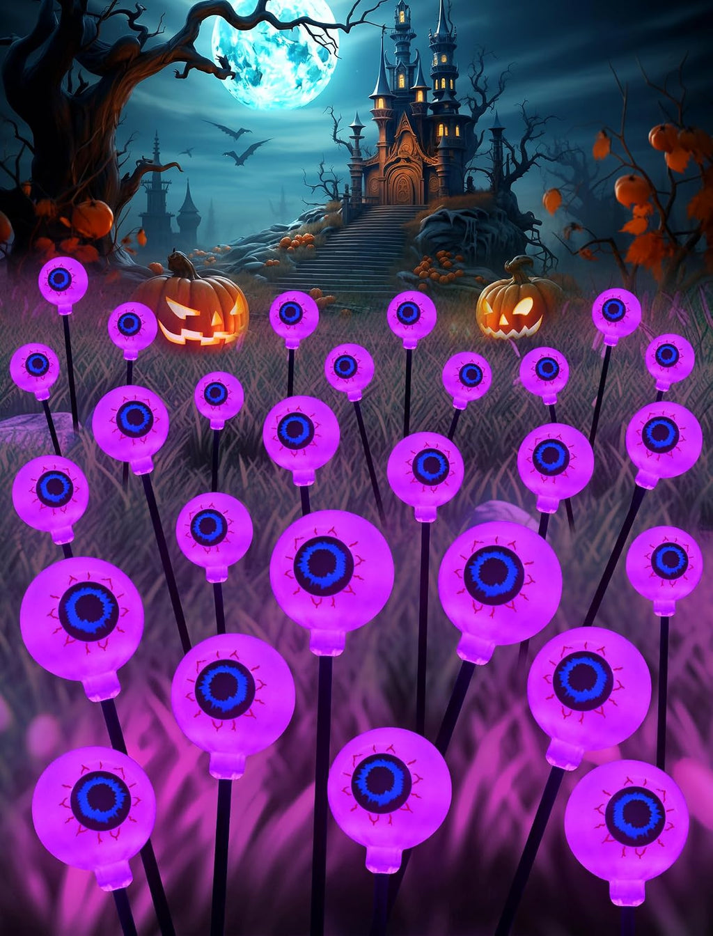Solar Halloween Lights Outdoor Decorations - 4 Pack 32 LED Solar Eyeball Lights for Yard, Scary Eyeballs Halloween Light for Outside, Pathway, Walkway, Landscape, Garden, Party Decor (Purple)
