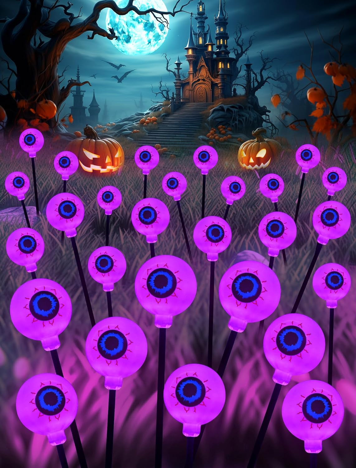 Solar Halloween Lights Outdoor Decorations - 4 Pack 32 LED Solar Eyeball Lights for Yard, Scary Eyeballs Halloween Light for Outside, Pathway, Walkway, Landscape, Garden, Party Decor (Purple)