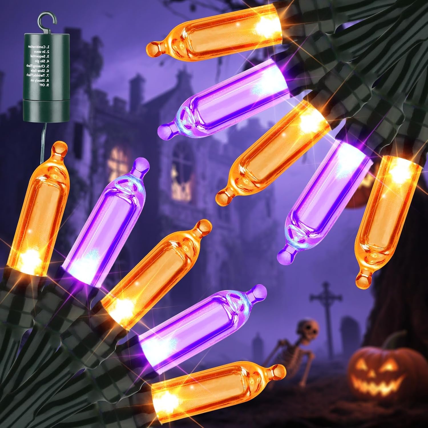 Orange Purple Halloween Lights Indoor, 2 Pack Total 66Ft 200 LED Battery Halloween Light with 8 Mode, Timer, Waterproof Battery Operated String Lights for Home Tree Wreaths Party Holiday Decor