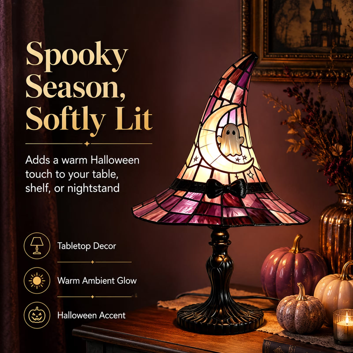 Stained Glass Witch Hat Lamp, Halloween Decoration Pink Purple Ghost Moon Small Tiffany Lamp, Gothic Indoor Halloween Table Decor Night Light - 11 Inch
